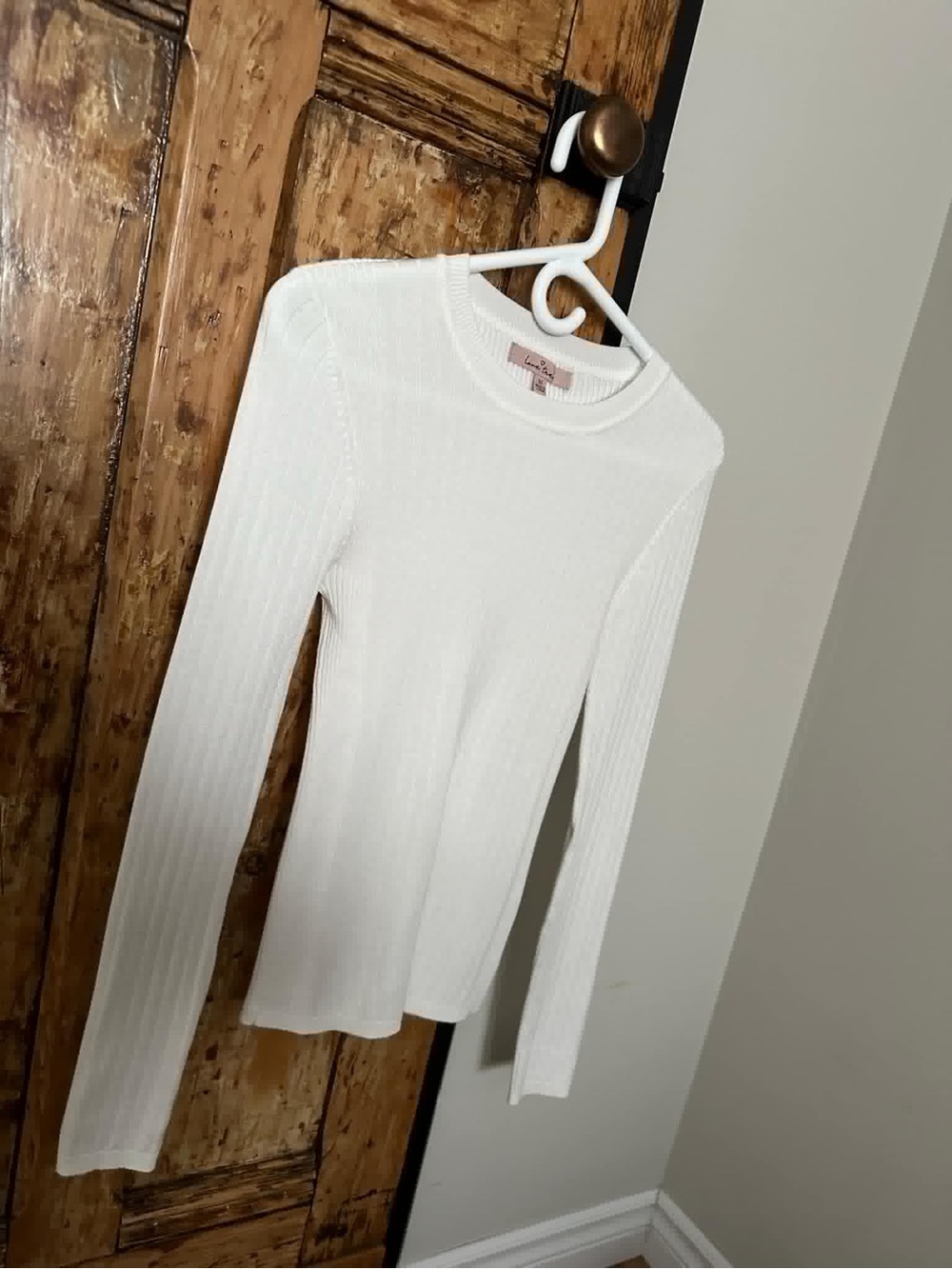Love Tree Ribbed Long-Sleeve Crewneck Top — White
